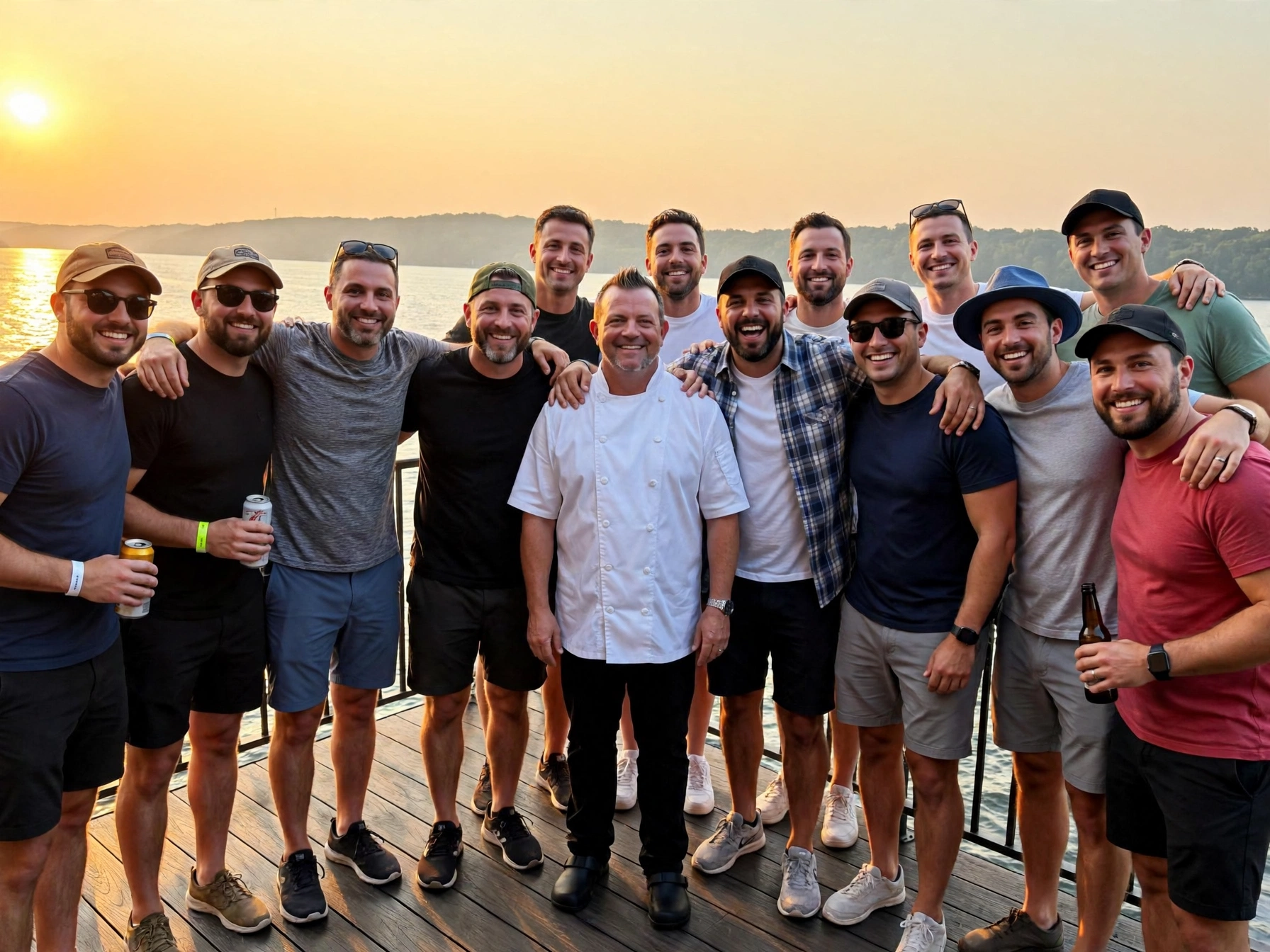Group celebrating with Chef Larry on a dock at sunset for a bachelor party private chef experience