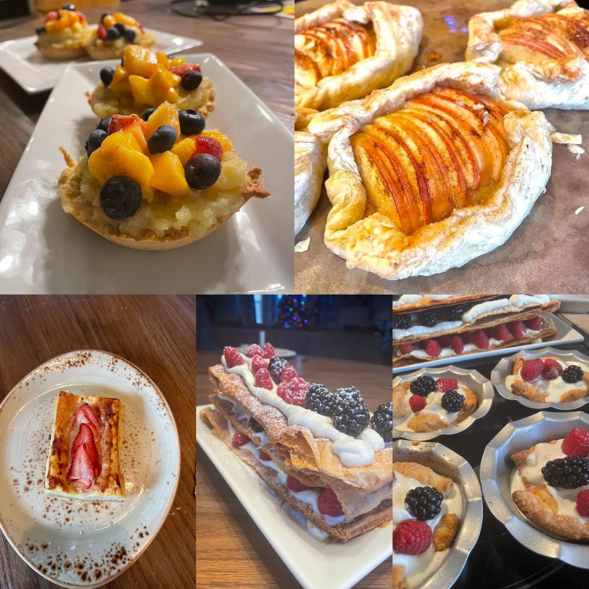 Collage of French pastries and plated desserts including fruit tartlets, rustic apple pastries, strawberry pastry, berry mille-feuille, and mini berry pastries.