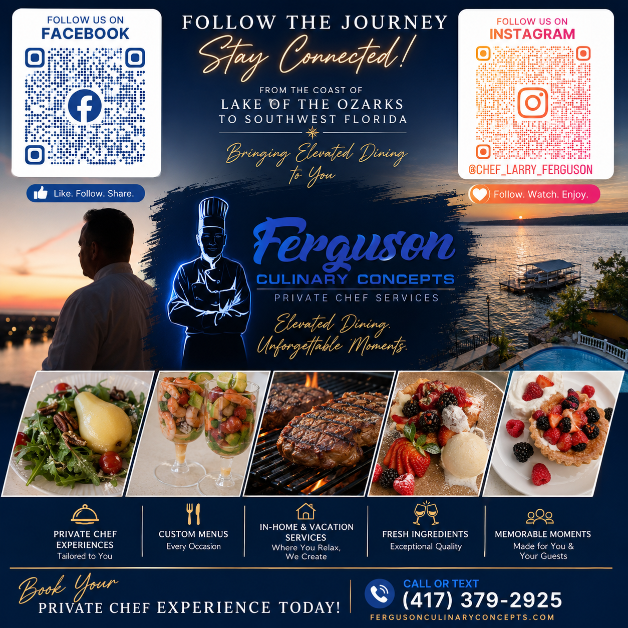 Promotional banner for Ferguson Culinary Concepts Private Chefs with sunset background, chef illustration, food photos, and social follow details