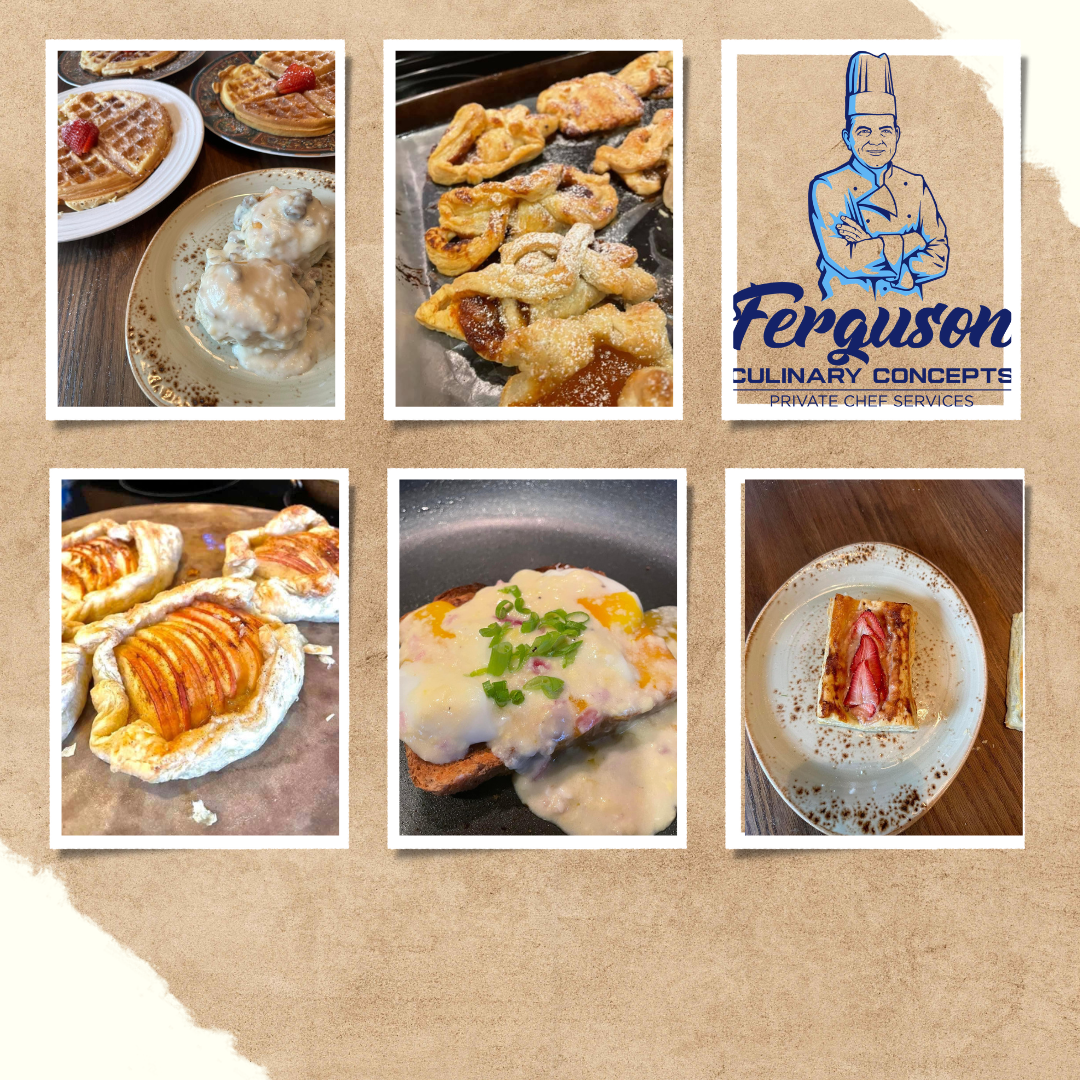 Brunch collage featuring waffles, pastries, breakfast dishes, and Ferguson Culinary Concepts branding