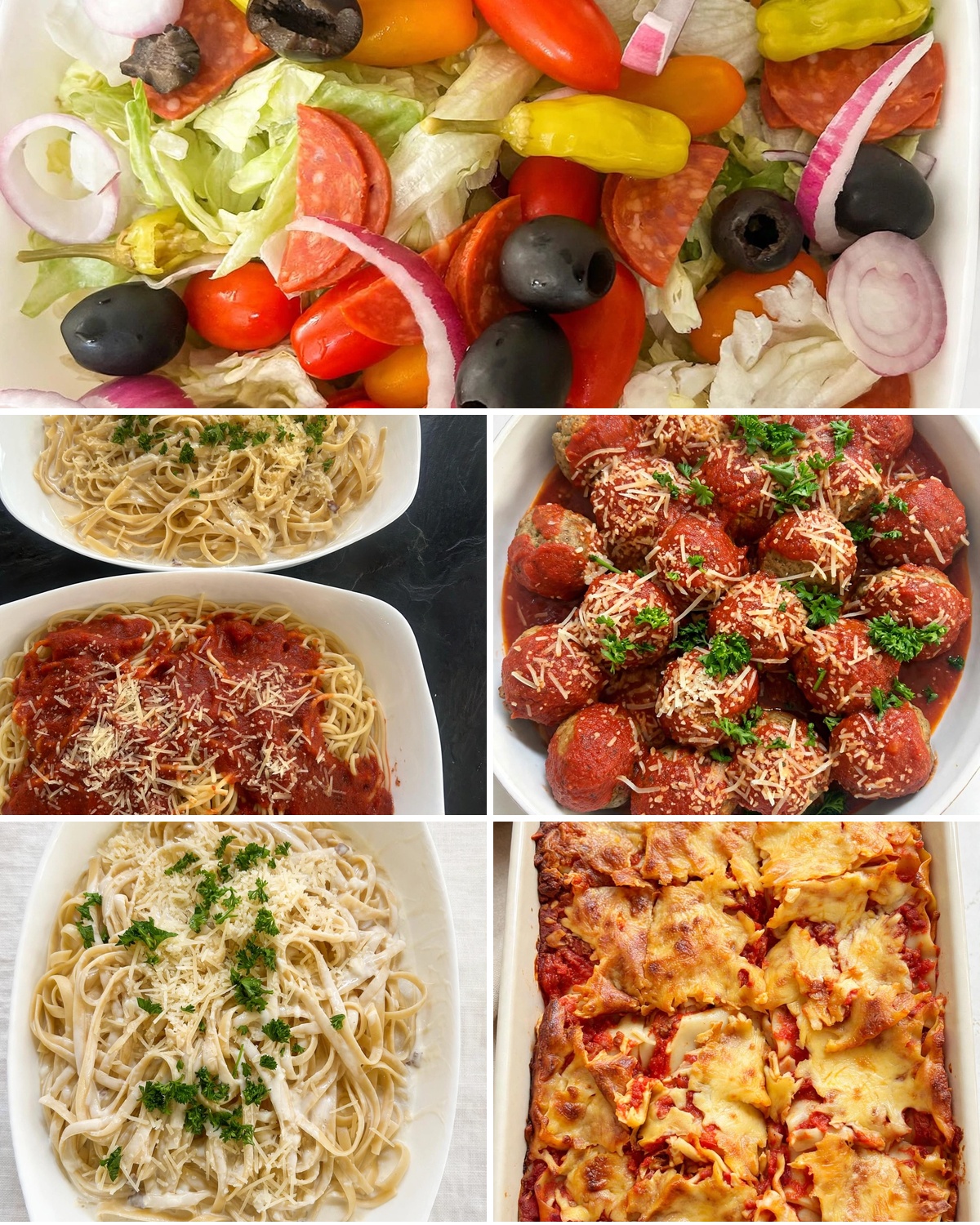 Italian food collage featuring salad, pasta, meatballs, and lasagna prepared by Ferguson Culinary Concepts Private Chefs.